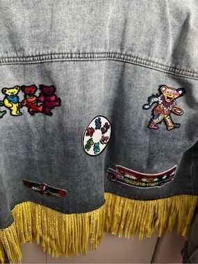 Women Light Wash Denim Jacket with Yellow Fringe and Colorful Patches
